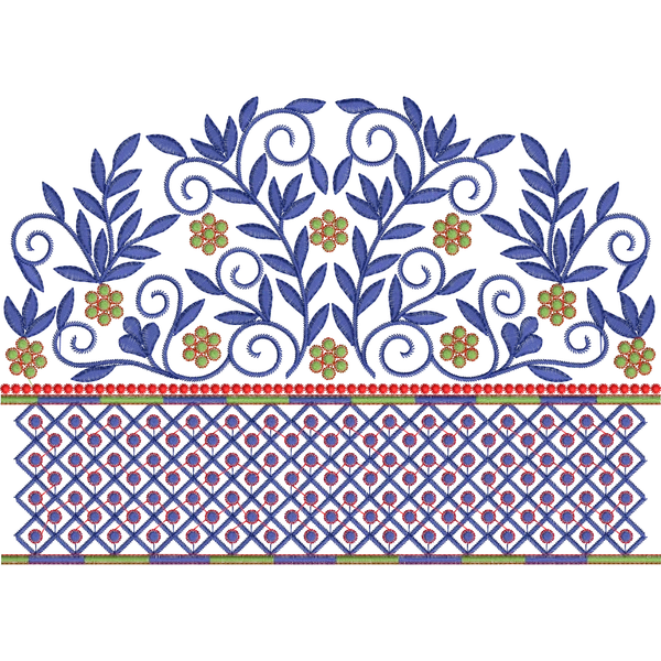 Blouse Design No : BH198 ,Flower Bunch,Double Colour Border - Full Sleeve, U Shape