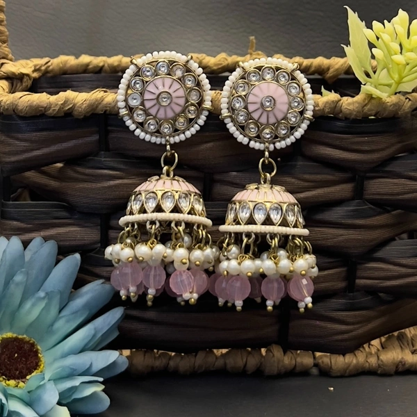 Traditional Kundan Jhumka - Pastel Pink, Extremely Durable| Affordable| Variety | Versatility| Safety, 65x25mm