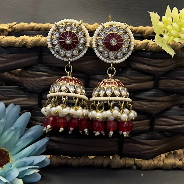 Traditional Kundan Jhumka - Maroon, Extremely Durable| Affordable| Variety | Versatility| Safety, 65x25mm