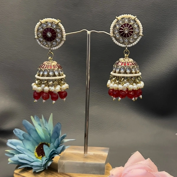 Traditional Kundan Jhumka - Maroon, Extremely Durable| Affordable| Variety | Versatility| Safety, 65x25mm