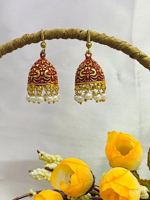 Meenakari Small-Dome Jhumkas  - Red, Extremely Durable| Affordable| Variety | Versatility| Safety, 1, 2.5x1.7cm