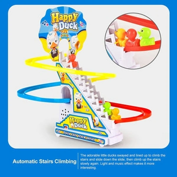 RSDD4480 HAPPY DUCK - DUCKS CLIMB STAIRS TOY ROLLER COASTER, ELECTRIC DUCK CHASING RACE TRACK SET, FUN DUCK STAIR CLIMBING TOY WITH FLASHING LIGHTS MUSIC AND 3 DUCKS, SMALL DUCKS CLIMBING TOYS