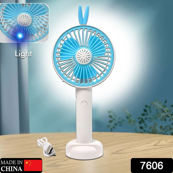 RSDD7606 MINI PORTABLE HAND FAN USB RECHARGEABLE FAN WITH LED LIGHT FAN FOR INDOOR AND OUTDOOR USE BY WOMEN AND MEN TABLE STANDING STAND INCLUDED