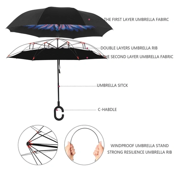 RSDD6211 PLAIN DESIGN WINDPROOF UPSIDE DOWN REVERSE UMBRELLA WITH C-SHAPED HANDLE
