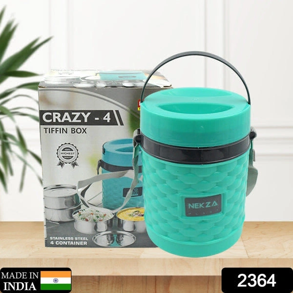 RSDD2364 Double Wall Insulated Stainless Steel Tiffin 4 Compartment Lunch Box with Handle Stackable Stainless Steel Lunch Box | BPA Free | Leakproof/Dabba for Office, Home, Shool, HOT Outer Plastic Tiffin Box Set (1 Pc 4 compartment)