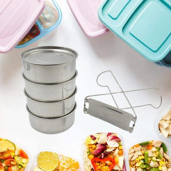 RSDD2364 Double Wall Insulated Stainless Steel Tiffin 4 Compartment Lunch Box with Handle Stackable Stainless Steel Lunch Box | BPA Free | Leakproof/Dabba for Office, Home, Shool, HOT Outer Plastic Tiffin Box Set (1 Pc 4 compartment)