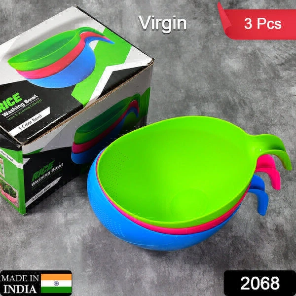 RSDD2068 Plastic Rice Bowl / Food Strainer Thick Drain Basket with Handle for Rice, Vegetable & Fruit (set of 3pcs)