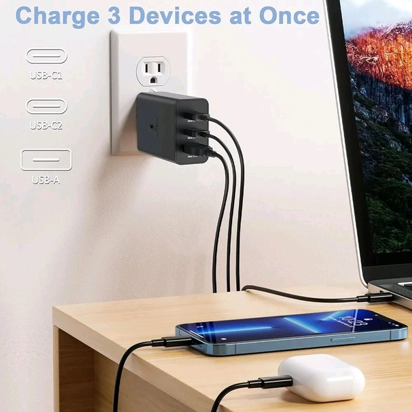 Samsung 65W PD Power Adapter Trio USB-C X 2 Port, USB-A Port, 3 Port - Black, Sam 65W PD