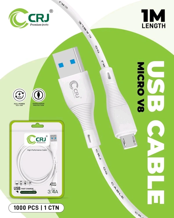 CRJ USB to Micro V8 Cable Imported Quality - White, CRJ Mirco V8 Cable