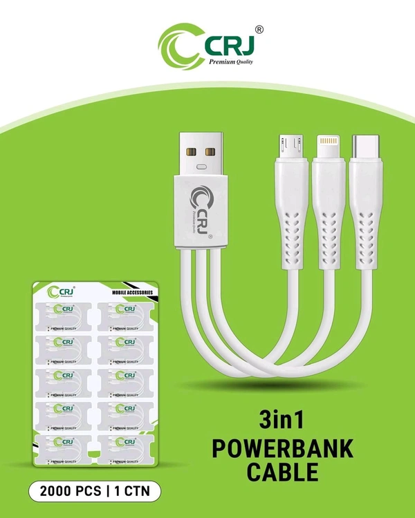 CRJ USB To 3 in 1 Power Bank Cable Imported Quality  - White, CRJ ( 3 In 1 ) PB Cable