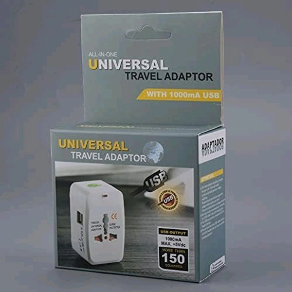 Universal Travel Adaptor With 1000mA USB - White, USB UNIVERSAL ADAPTER