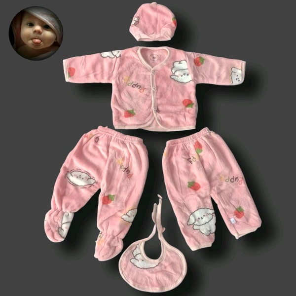 Baby Woolen Sweater Set - Pink, 0-6 Months