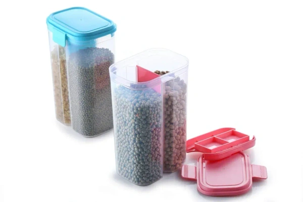 Plastic 2 Sections Air Tight Transparent Food Grain Cereal Storage Container (2 ltr)