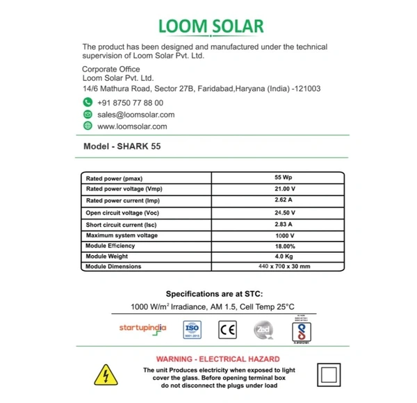 Loom Solar Panel 55 watt - 12 volt Mono Perc - Black, 430×665×35, 3Kg