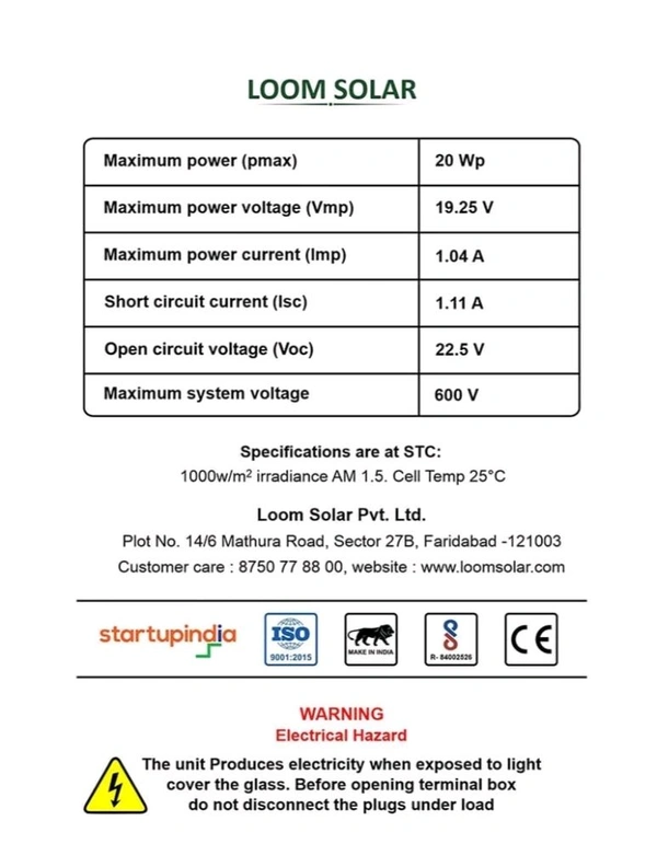 Loom Solar Panel 20 watt - 12 volt for Small Battery Charging - Black, 450×350×22mm, 1.7Kg
