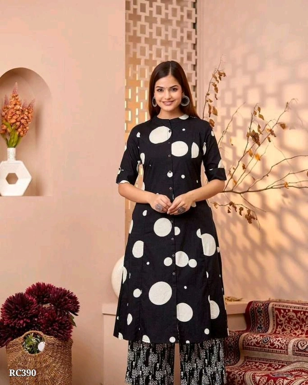 Black Printed Kurti With Pant - XL