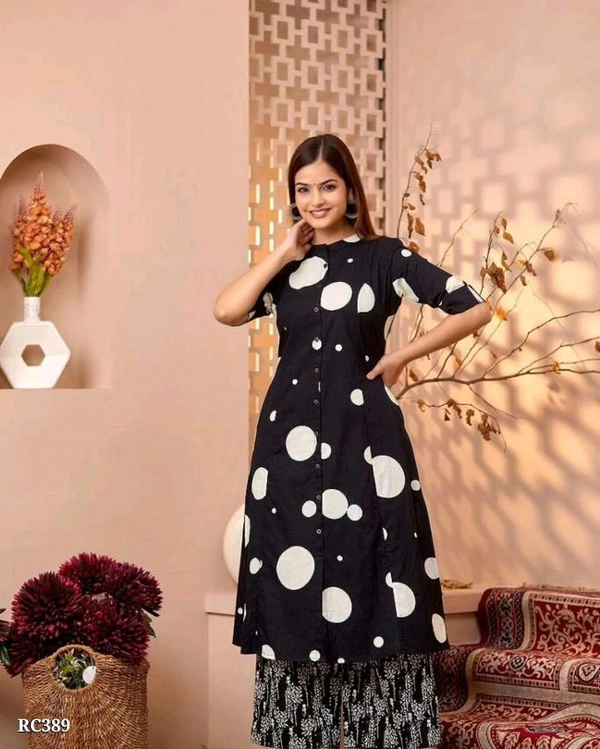Black Printed Kurti With Pant - XL