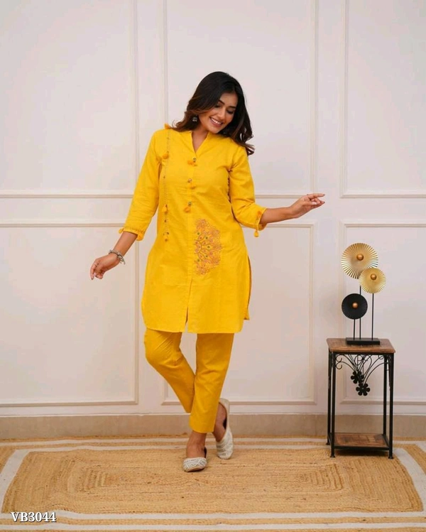 Classy Cotton Kurti With Pant - L, Yellow