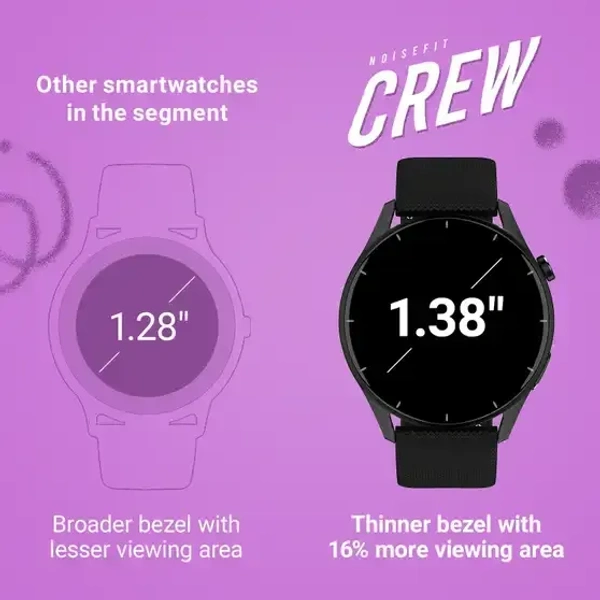 Noise Crew 1.38 Round Display with Bluetooth Calling, Metallic finish, IP68 Rating Smartwatch (Black Strap, Regular) - Black