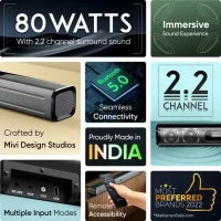 Mivi Fort S80 with 2 inBuilt Subwoofers, 3EQ Modes, Remote Ctrl 80 W Bluetooth Soundbar (Black, 2.2 Channel) - 80W