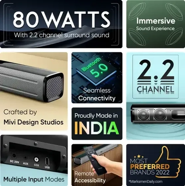 Mivi Fort S80 with 2 inBuilt Subwoofers, 3EQ Modes, Remote Ctrl 80 W Bluetooth Soundbar (Black, 2.2 Channel) - 80W