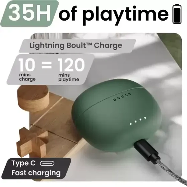 Boult W20 with Zen ENC Mic, 35H Battery Life, Low Latency Gaming, Made in India, 5.3v Bluetooth (Glacier Blue, True Wireless) - Green Kelp