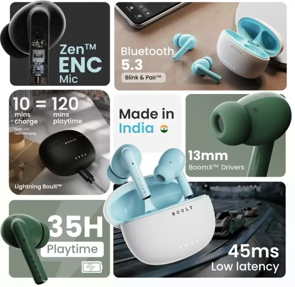 Boult W20 with Zen ENC Mic, 35H Battery Life, Low Latency Gaming, Made in India, 5.3v Bluetooth (Glacier Blue, True Wireless) - Green Kelp