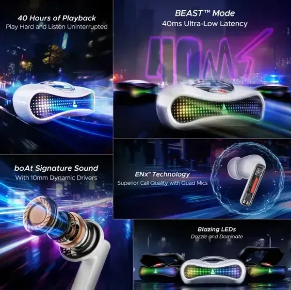 boAt Airdopes Drift with Beast Mode, Blazing LEDs, 40 HRS Playback & ENx Technology Bluetooth Gaming (White Sabre, True Wireless) - White