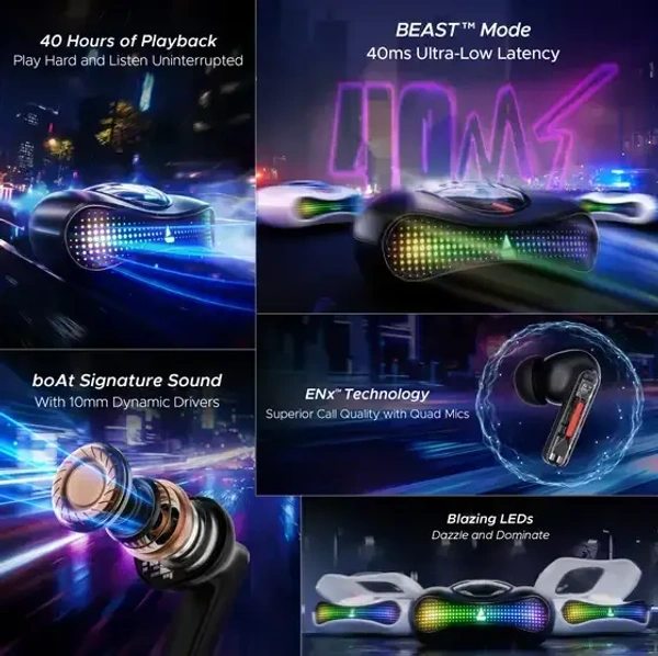 boAt Airdopes Drift with Beast Mode, Blazing LEDs, 40 HRS Playback & ENx Technology Bluetooth (Black Sabre, True Wireless) - Black