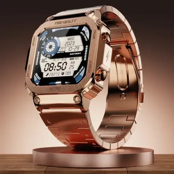 Fire-Boltt Retro 39.1mm (1.54) Display, Bluetooth call, Voice Assistance, Steel Straps Smartwatch (Rose Gold Strap, Free Size) - Golden Sand