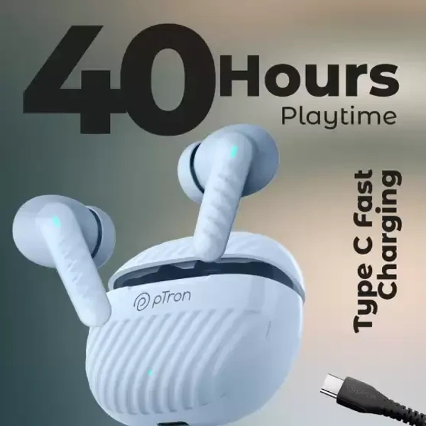 PTron Bassbuds Nova - AI ENC 4 Mics, 40hrs Playback, Deep Bass, 50ms Low Latency Bluetooth (Light Blue, True Wireless)