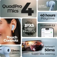 PTron Bassbuds Nova - AI ENC 4 Mics, 40hrs Playback, Deep Bass, 50ms Low Latency Bluetooth (Light Blue, True Wireless)