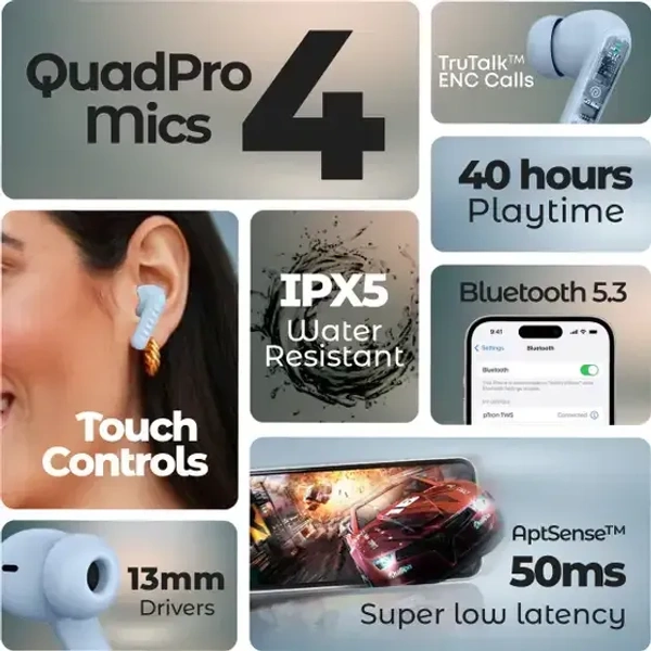 PTron Bassbuds Nova - AI ENC 4 Mics, 40hrs Playback, Deep Bass, 50ms Low Latency Bluetooth (Light Blue, True Wireless)