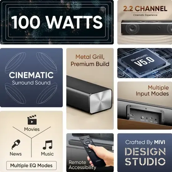 Mivi Fort S100 with 2 inBuilt Subwoofers,3EQ Modes, Remote Ctrl 100 W Bluetooth Soundbar (Black, 2.2 Channel) - 100W