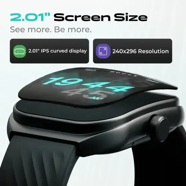 Boult Trail 2.01" 3D Curved HD Display, Working Crown, 190+ Watch Faces, Health Track Smartwatch (Raven Black Strap, Free Size) - Black