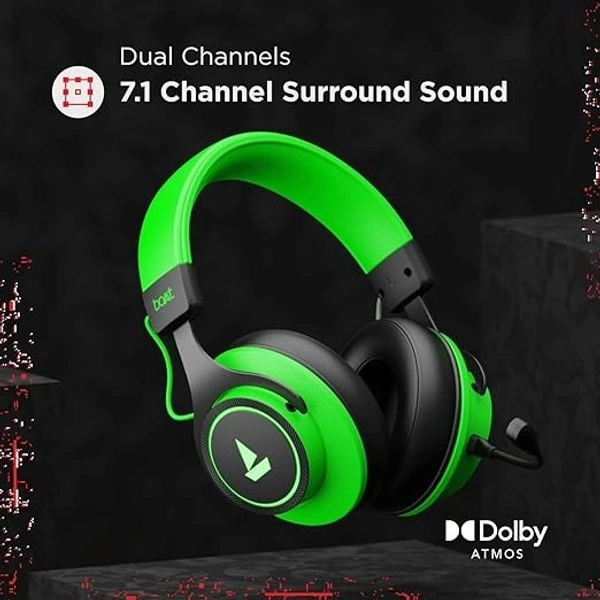 Boat boAt Immortal IM1000D Dual Channel Gaming Wired Over Ear Headphones with mic, Dolby Atmos, 7.1 Channel Surround Audio, 50mm Drivers & RGB Breathing LEDs(Viper Green) - Viper Green