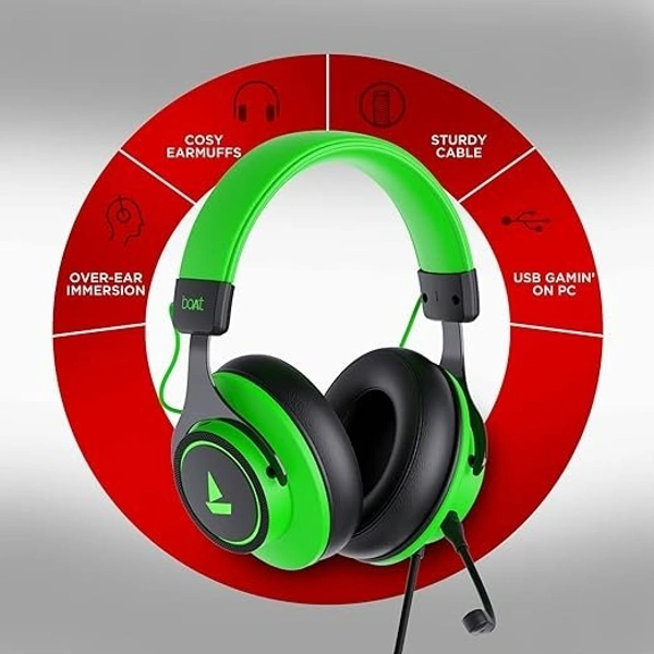 Boat boAt Immortal IM1000D Dual Channel Gaming Wired Over Ear Headphones with mic, Dolby Atmos, 7.1 Channel Surround Audio, 50mm Drivers & RGB Breathing LEDs(Viper Green) - Viper Green