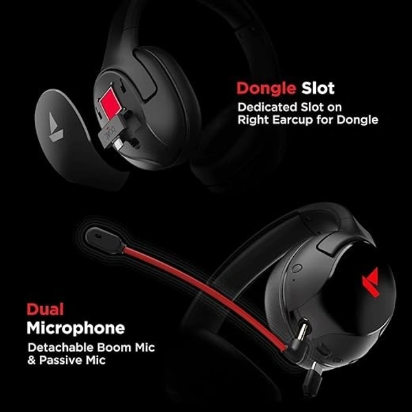 Boat boAt Immortal Im 1300 Gaming Bluetooth Wireless Over Ear Headphones With Mic With 2.4Ghz Ultra Low Latency Mode Upto 35Ms, Bluetooth Mode 3D Spatial Audio, Bt V5.1, Dual Mics, Dongle Slot(Black Sabre)
