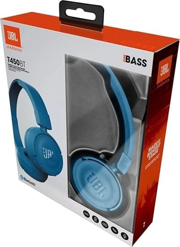 JBL T450BT by Harman Extra Bass Wireless On-Ear Headphones with Mic (Blue) - Blue