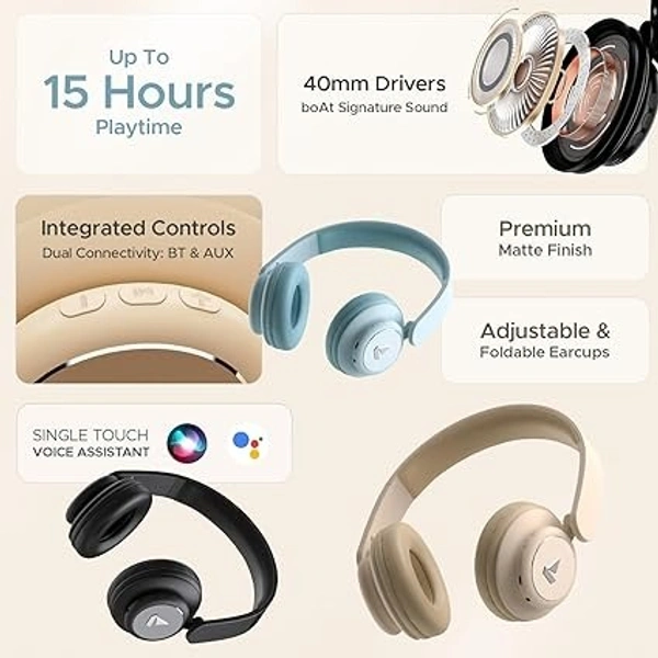 boAt Rockerz 450 Bluetooth On Ear Headphones with Mic, Upto 15 Hours Playback, 40MM Drivers, Padded Ear Cushions, Integrated Controls and Dual Modes(Luscious Black) - Black