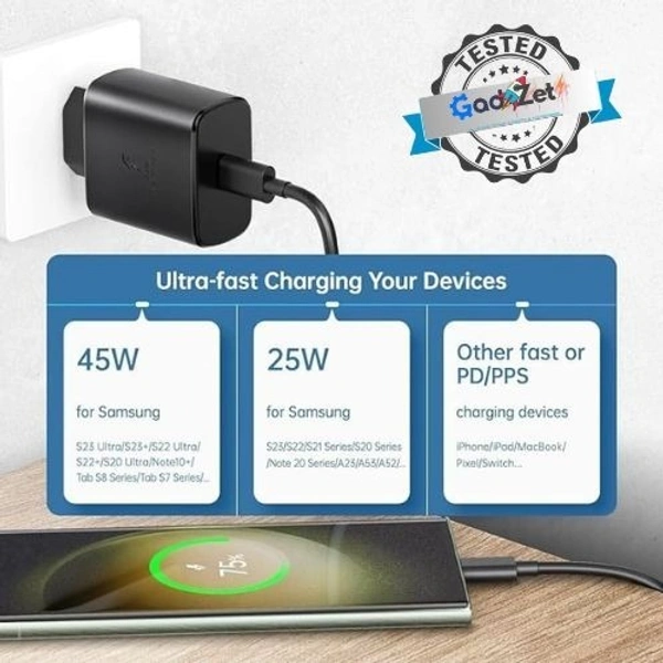 Samsung charger-45W Type-C Travel Adapter & USB C Cable Combo Mobile Charger Super Fast Charging Adaptor With PD Charging For Samsung Galaxy S24 Ultra S23 S22 S21 fe S20 S20+ M14 5G M34 M54 M53 5g M33 - Black