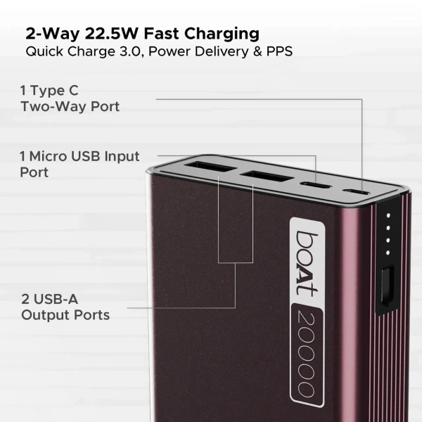 boAt 20000mAh Power Bank w/ 2-Way 22.5W Fast Charging & Smart Power Management - PB400 (Burgundy)