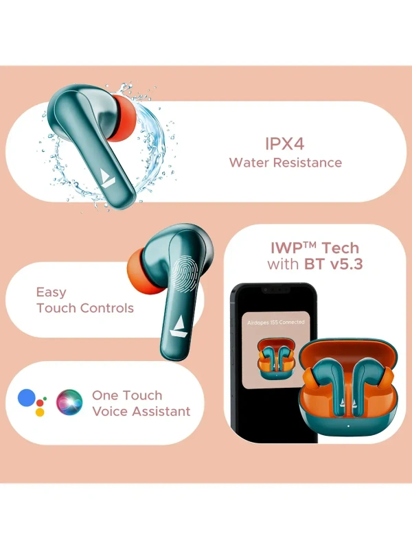 boAt Airdopes 155 Tws Earbuds W/ 40h Playtime, in-ear Detection, Quad Mics Enx Tech(Active Teal) - Cyan Aqua