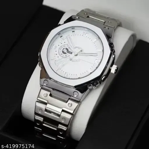 Trendy Silver Men's Watch Silver Hexagonal Dail Watch for Boy's