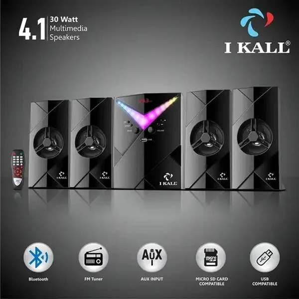 I Kall IK 41 Multimedia 4.1 Speaker System with Bluetooth, Aux, USB, FM Connectivity 60 W Bluetooth Home Theatre (Black, 4.1 Channel) - 60W