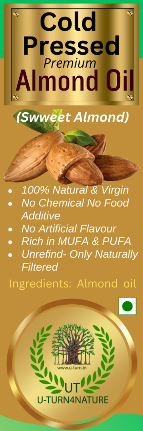 Almond Oil, Wood-Cold Pressed Extra Virgin 100ML - 100ML