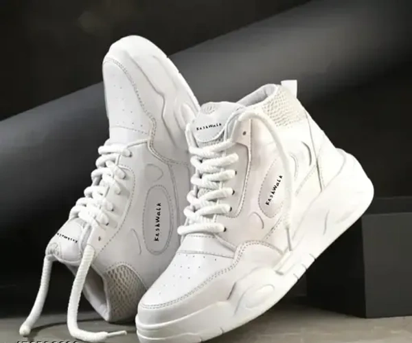 Comfortable High-Top Skate Sneakers - White Shoes, Thick Sole, Versatile Lace-Up Casual Footwear for Outdoor Activities & Hiking - 9