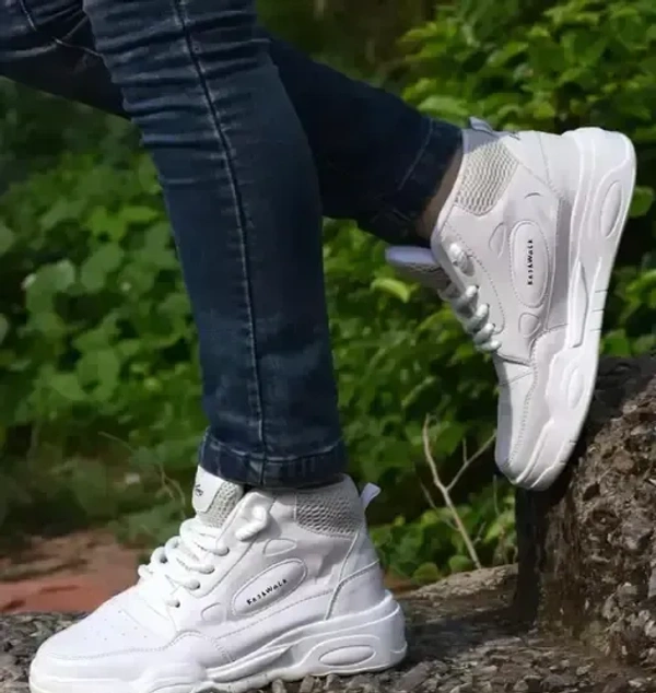 Comfortable High-Top Skate Sneakers - White Shoes, Thick Sole, Versatile Lace-Up Casual Footwear for Outdoor Activities & Hiking - 9
