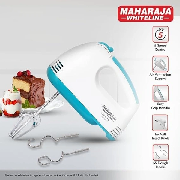 MAHARAJA WHITELINE CENTURO HAND MIXER WITH SS DOUGH HOOKS AND BEATER ATTACHMENT 250 WATT - White, 20, 16, 8