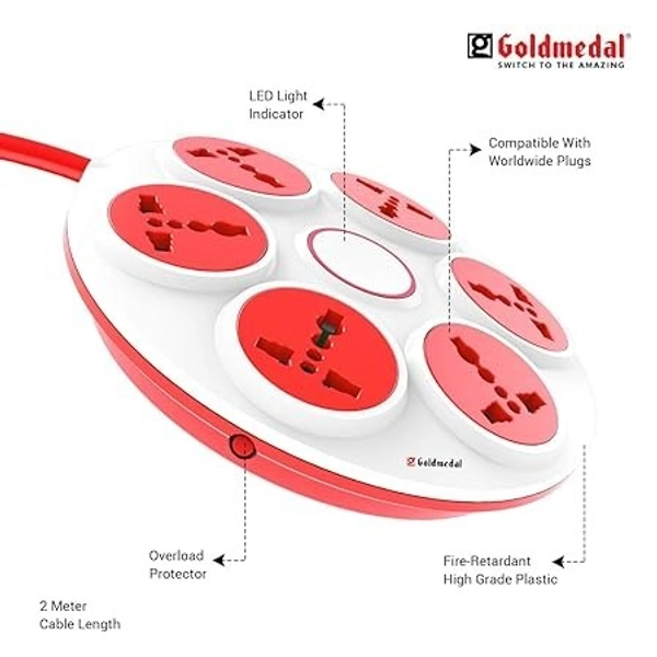 GOLDMEDAL 360 DEGREE POWER STRIP 6 SOCKETS EXTENSION BOARD - Red, 27, 20.4, 5.1